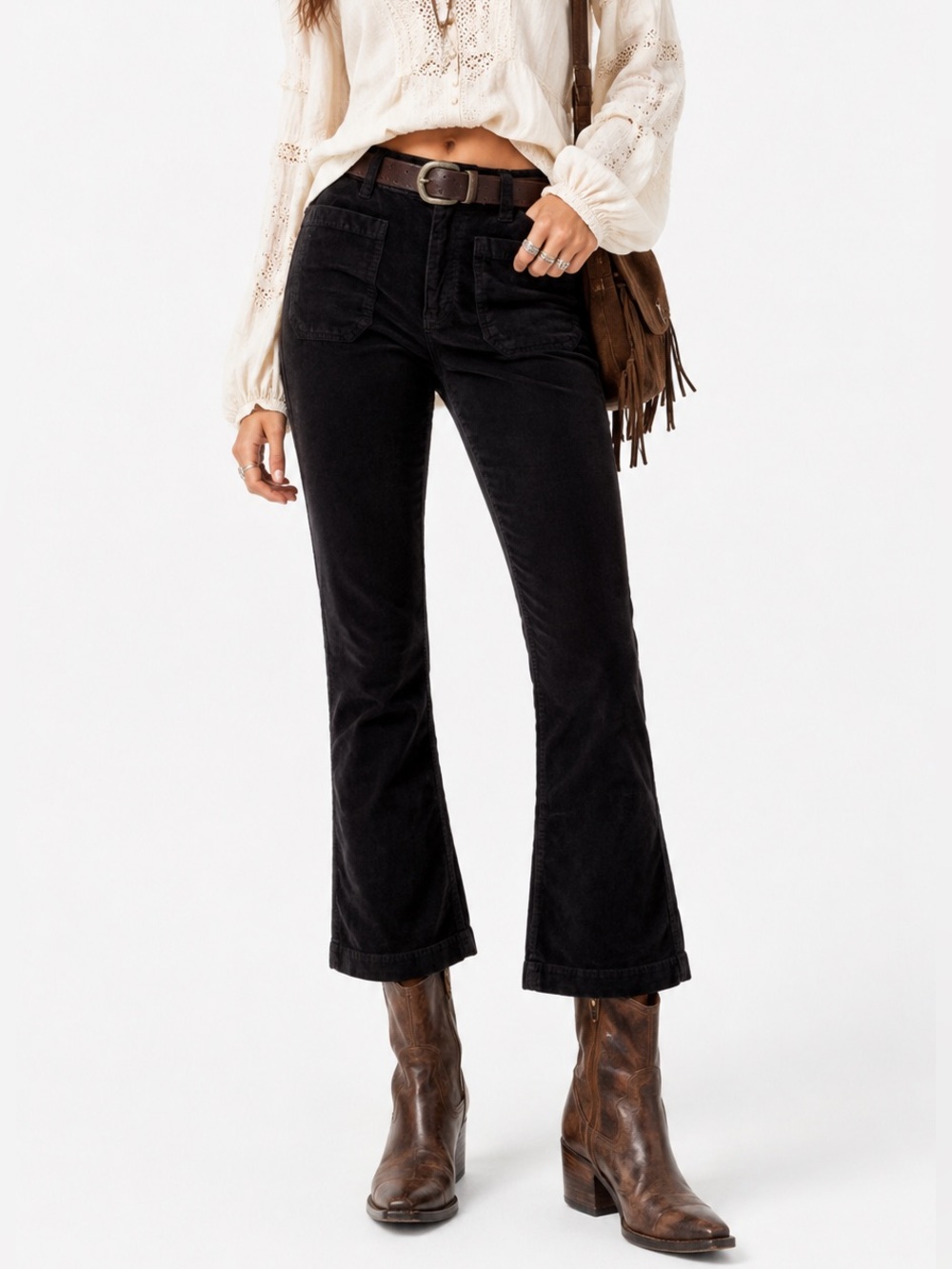 FREE PEOPLE High Time Velvet Kick Flare Pants Black Cropped - Size 4 NWT